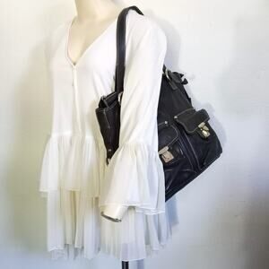 FRANCESCO BIASIA Leather Shoulder Bag XL Black Buckles Lots of Pockets Lined